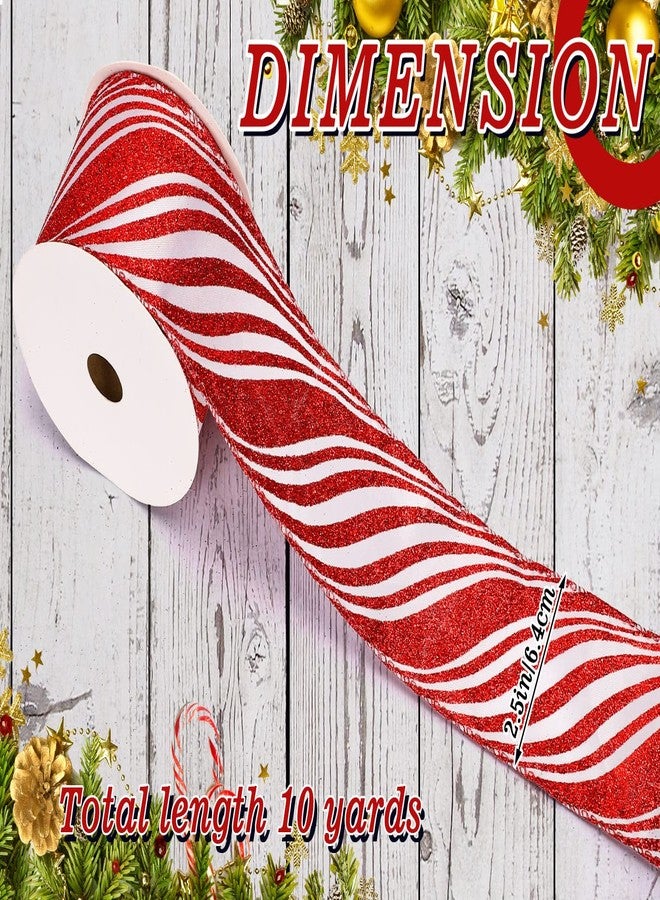 Whaline Christmas Glitter Candy Cane Ribbon White Red Stripe Wired Edge Ribbon 2.5 Inch Rustic Farmhouse Craft Ribbons for Xmas DIY Gift Wrapping Floral Arrangement Wreath Bow Decoration, 10 Yard - Image 2